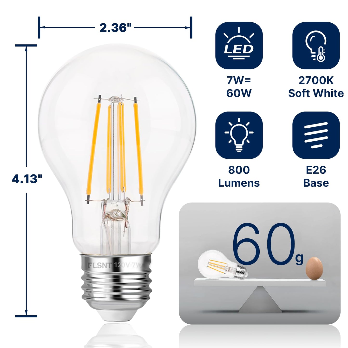 FLSNT 60W Equivalent Dimmable A19 LED Light Bulbs, Efficient 7W, 800Lumens, 2700K Soft White, CRI82, E26 Standard Base, 15000 Hours, LED Filament Light Bulbs, Clear Glass, 4 Pack