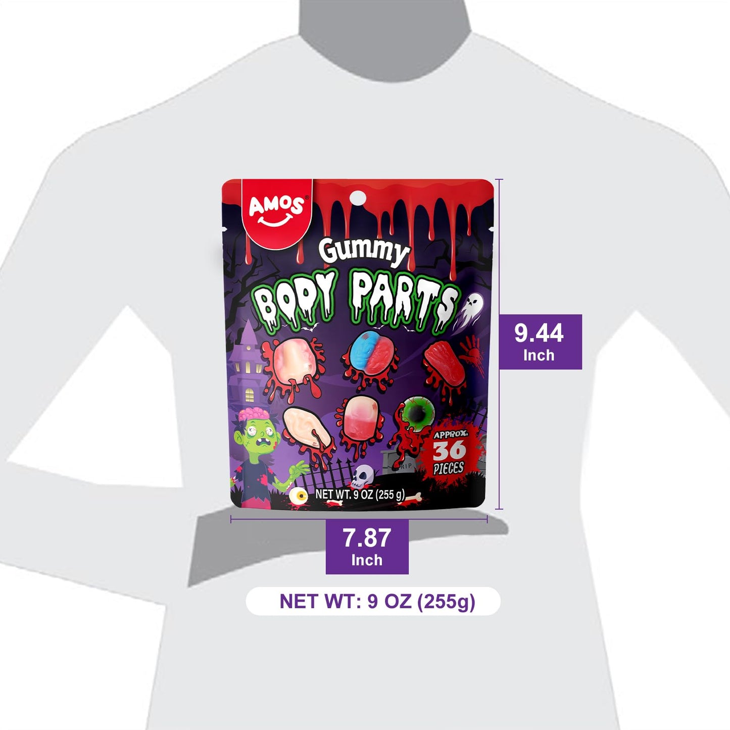 Amos Halloween Gummy Body Parts, Spooky Candy for Trick-or-Treat, Halloween Snacks, and Edible Decorations – Approx. 36 Individually Wrapped Pieces, 9oz Bag