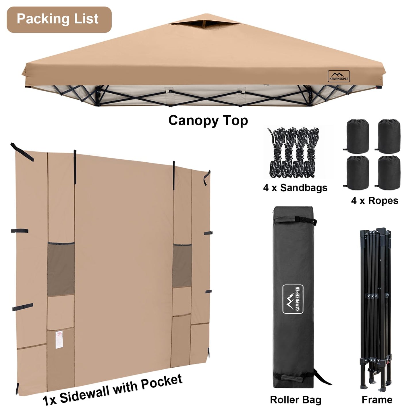 KAMPKEEPER 10x10 Pop Up Canopy Tent with Sidewall - Easy Setup Sun Shelter, Outdoor Shade with Vented Roof for Backyard | UV & Rain Portable Instant Camping Beach Canopy Tents (Khaki)