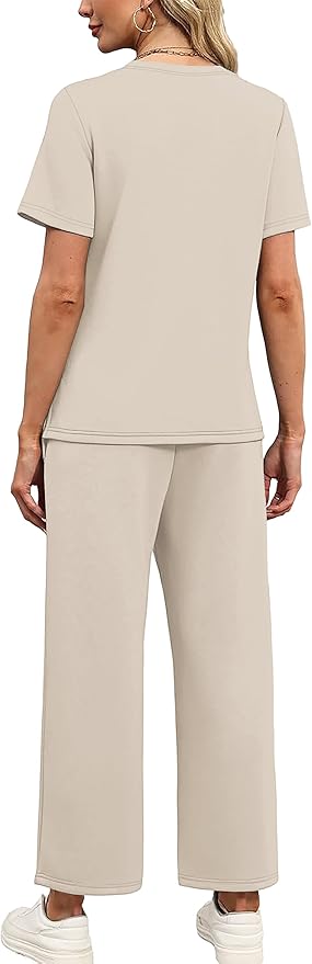 OFEEFAN 2 Piece Sets for Women Spring Fashion Beach Vacation Cruise Outfit Dressy Casual Wide Leg Crop Pants Resort Wear