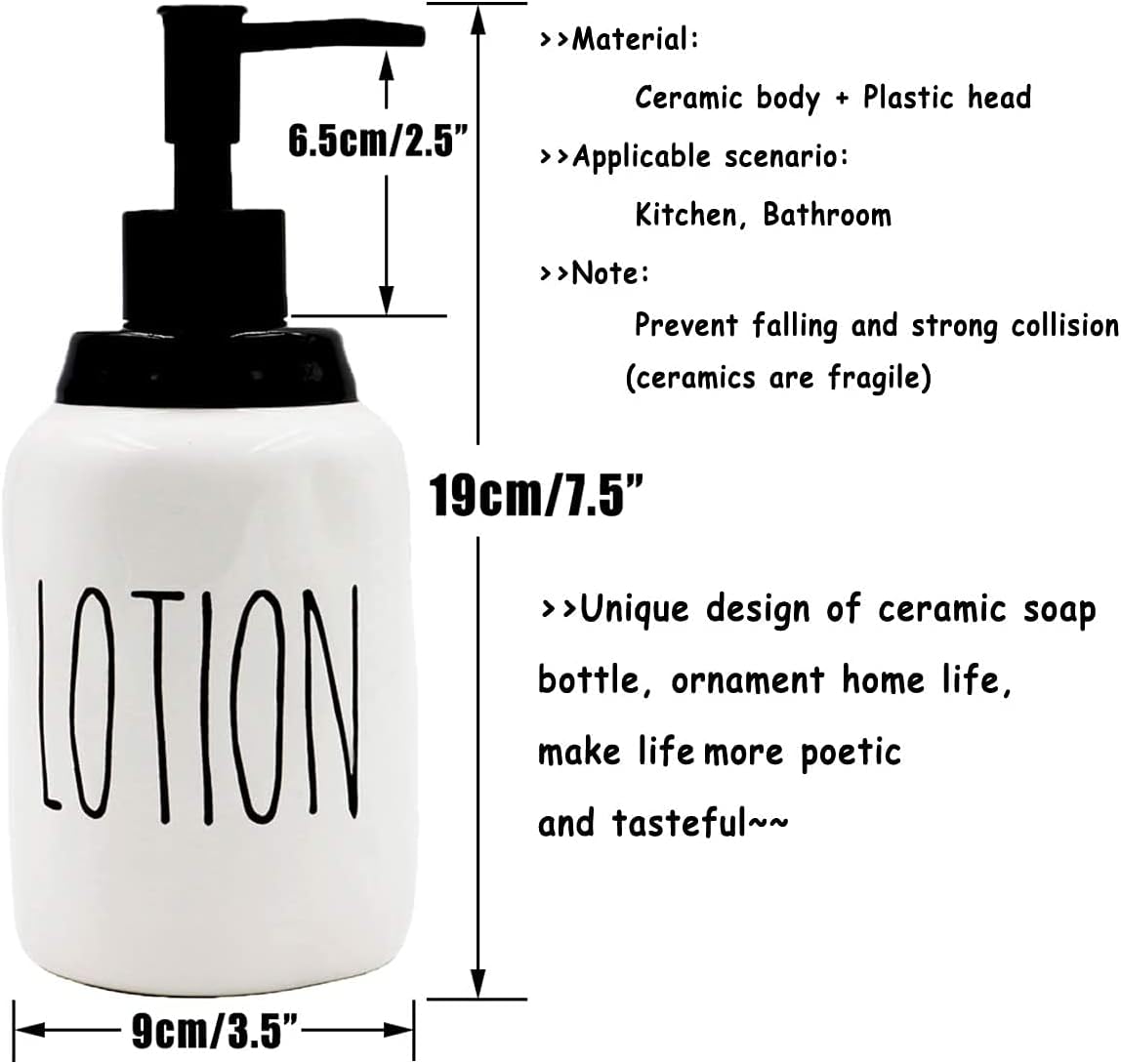 Ceramic Liquid Soap Dispenser, Modern Farmhouse Style Kitchen Counter Décor, Ideal for Kitchen Dish Soap, Hand Soap, Essential Oil & Lotion (Lotion, White Bottles with Black Pump and Lettering)