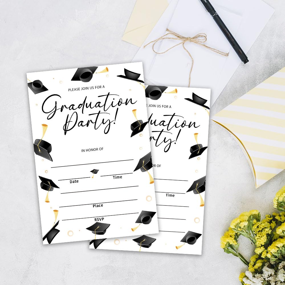 YKYENR 4"x6" Graduation Invitation - Graduation Party - Set of 20 with Envelopes College, Masters Graduation Invitation Cards - Hat Pattern Fill Graduation Celebration Invitations - A10