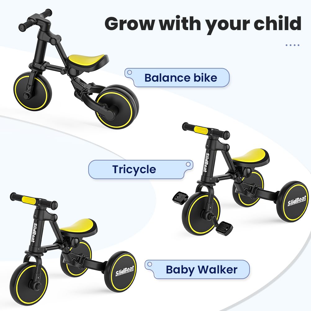 SLIDBEAT 4 in 1 Toddler Tricycle for Age 2-4 Years Old Kids, Big Wheel Adjustable Seat Balance Bike with Removable Pedal for Boys Girls Birthday