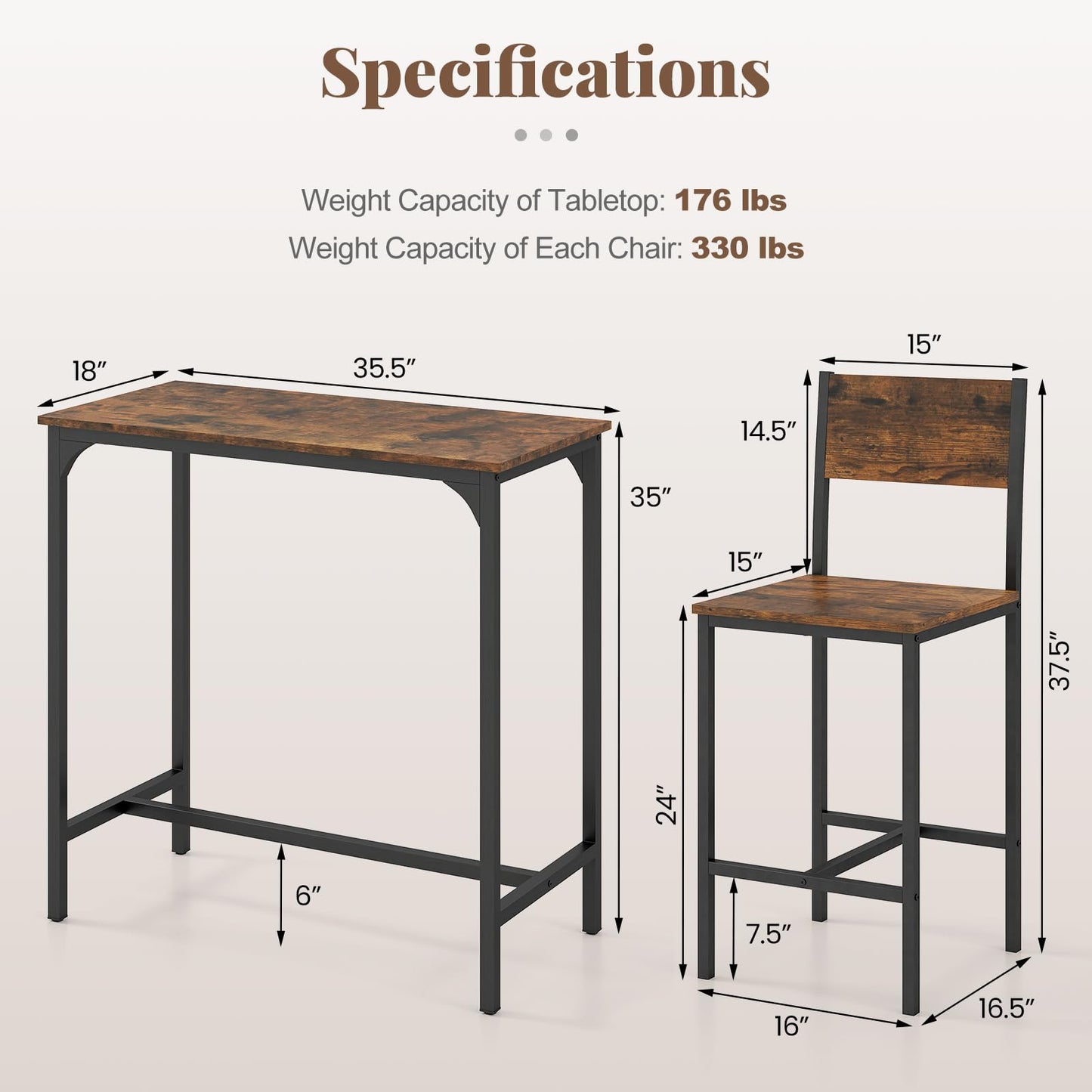 Tangkula 3 Piece Counter Height Bar Table Set, Pub Table and Chairs Set of 2, High Top Console Table with Stools for 2, Space-Saving Dinette Set for Breakfast Nook (Rustic Brown)