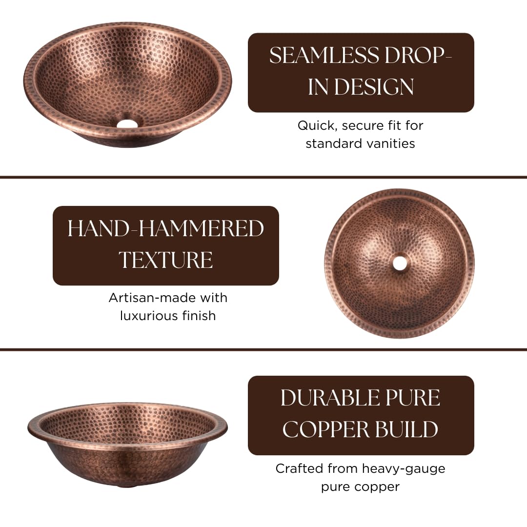 Monarch Abode Bathroom Sink – 16-Inch Rotunda Dual Mount Undermount or Drop In Bathroom Sinks, Bathrooms Hand Hammered Pure Copper Vanity Sink for Countertop, Powder Room, Bath, or Restroom