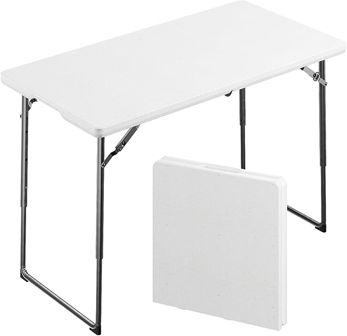 MAKE CHANGES 4FT Folding Table, Foldable Picnic Table with Adjustable Height, Heavy Duty Fold-in-Half Portable Table for W...