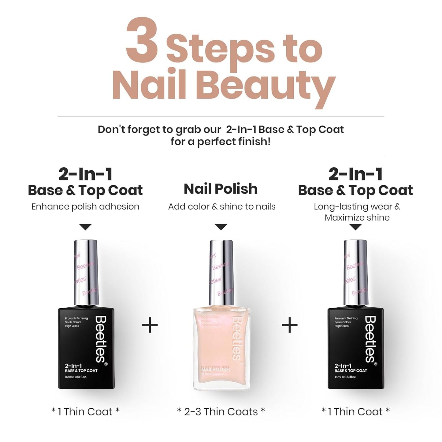 Beetles Nail Strengthener and Growth Concealer - Pink White Nail Polish Shimmer Natural Concealer Fingernail Polish, Fast Dry Quick Oil for Salon Home Daily Work - 0.51 FL OZ