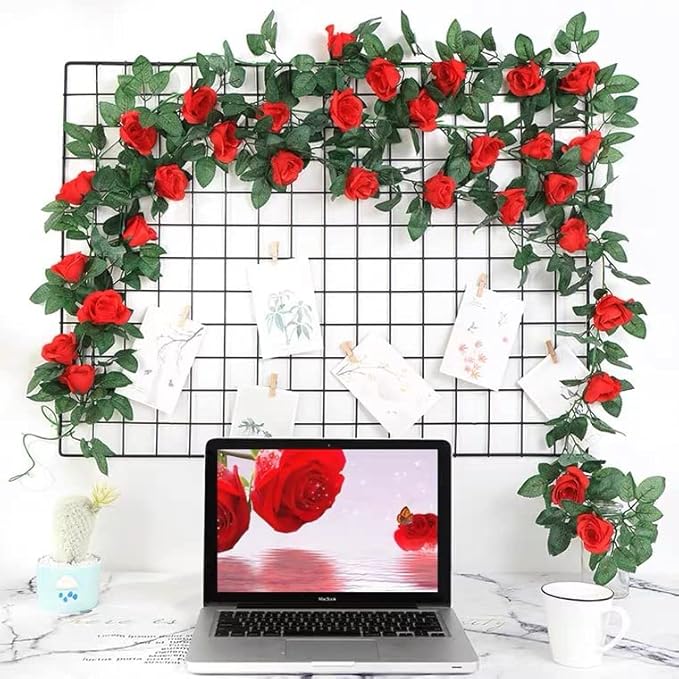 50FT Artificial Flowers Garlands Red 6PCS Silk Rose Hanging Vine with Green Leaves for Wedding Arch Party Christmas Home Decoration Flowers Arrangement