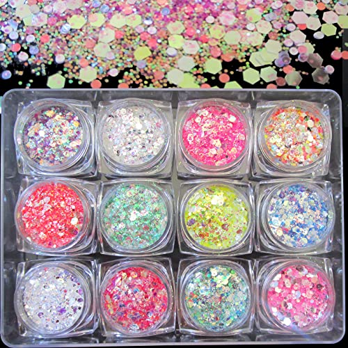 LoveOurHome 24 Box Iridescent Aurora Glitters Powder Pigment Nail Decorations Hexagon Chunky Flakes Sequins Accessories fo...