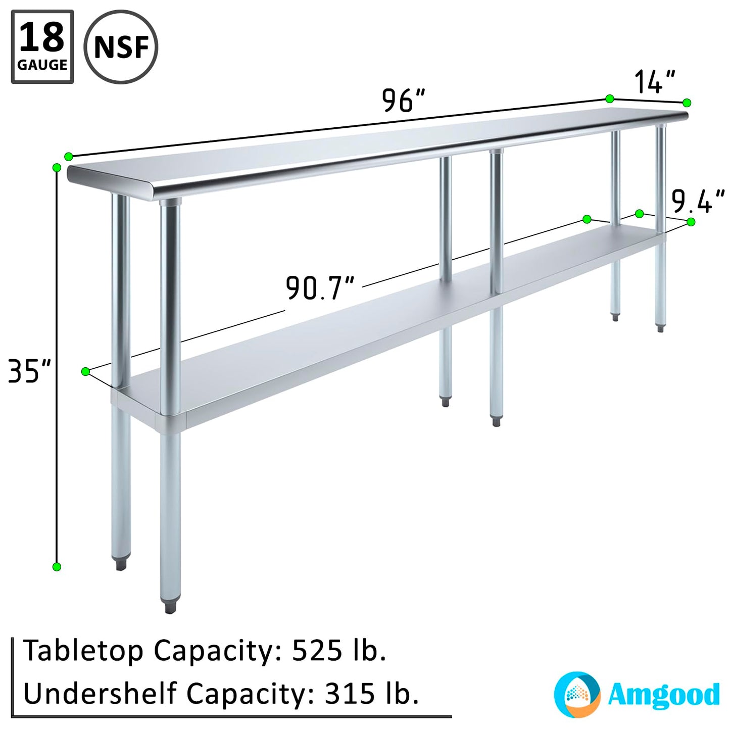 AmGood 14 in. x 96 in. Stainless Steel Work Table | Metal Kitchen Food Prep Table | NSF