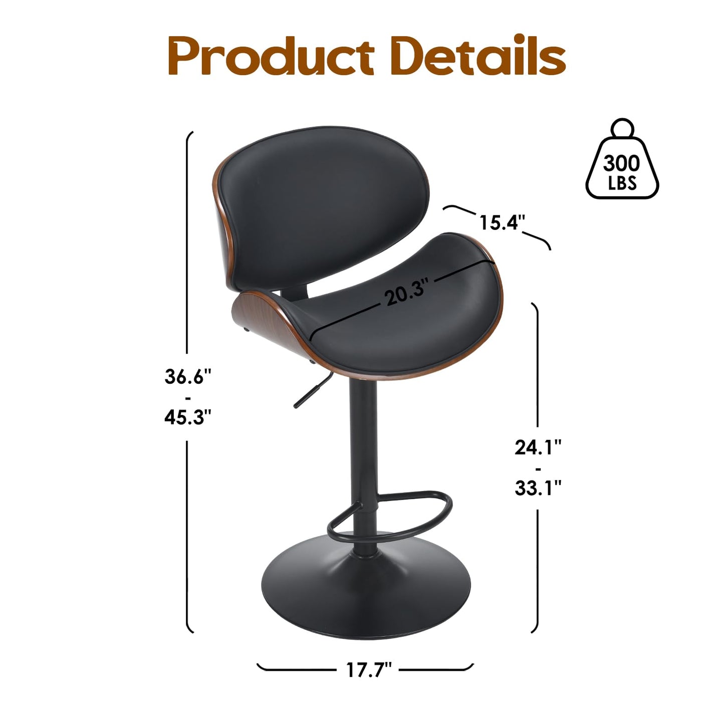 Soohow Adjustable Bar Stools Set for 2, Ergonomic Modern Swivel Bar Stools with Back for Kitchen Island, PU Leather Bar Stool with Footrest Mid Century Barstools, Industrial Counter Height Bar Stools