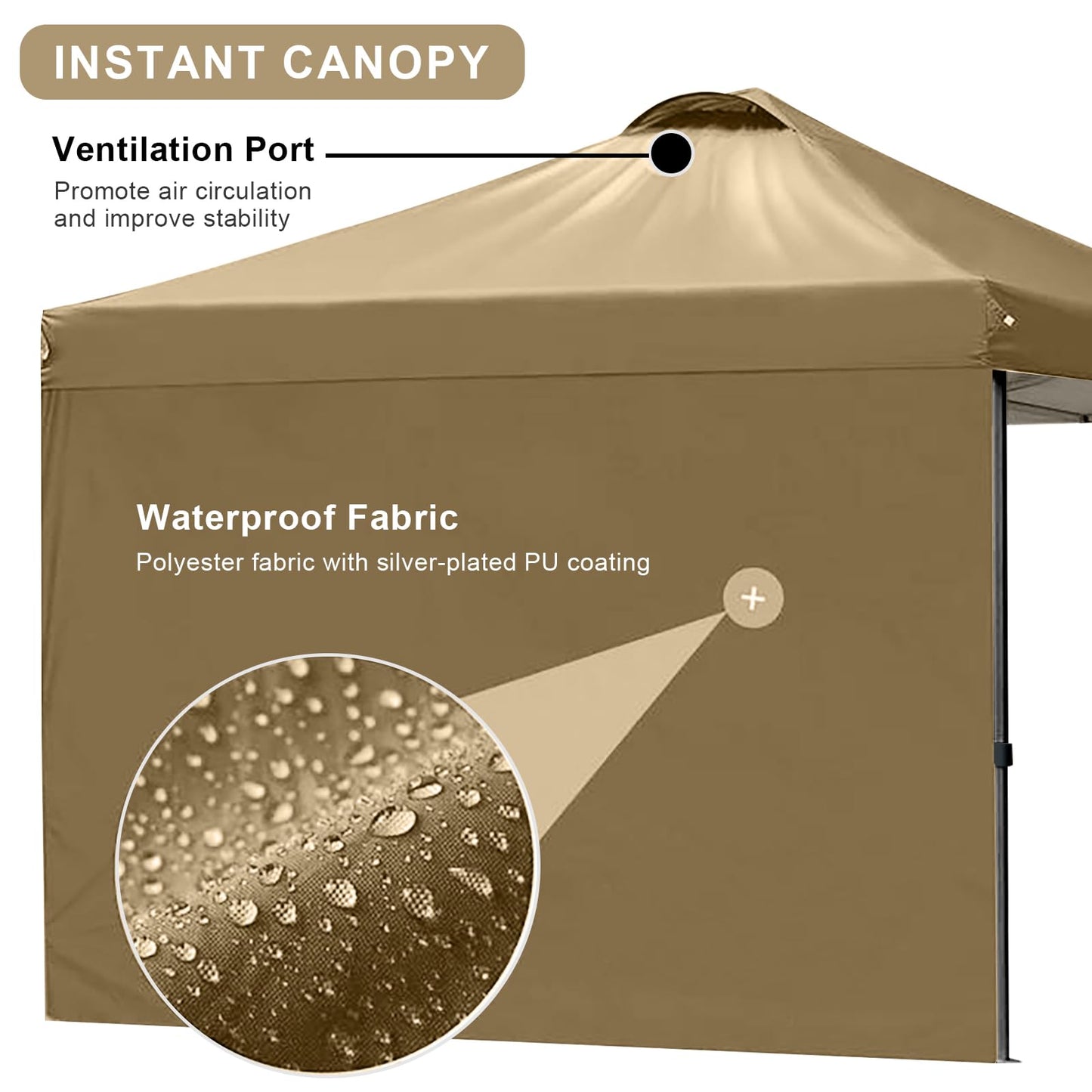 KAMPKEEPER 10x10 Pop Up Canopy Tent with 2 Sidewalls, Beach Tent - Easy Outdoor Sun Shade for Events, Parties, Camping - Gazebo with 4 Weight Bags & Carry Bag.（Khaki）