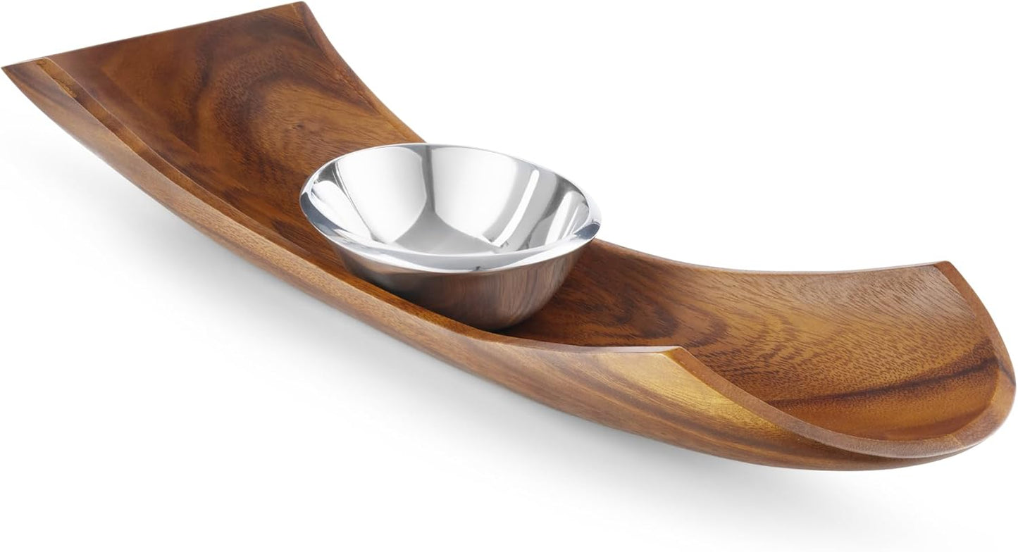 Nambé Canu Chip & Dip – Acacia Wood Base with Removable Alloy Bowl for Heating or Chilling, Entertaining Serving Tray for Chips, Snacks, Appetizers, or Hors d’Oeuvres, Stylish Table Accent