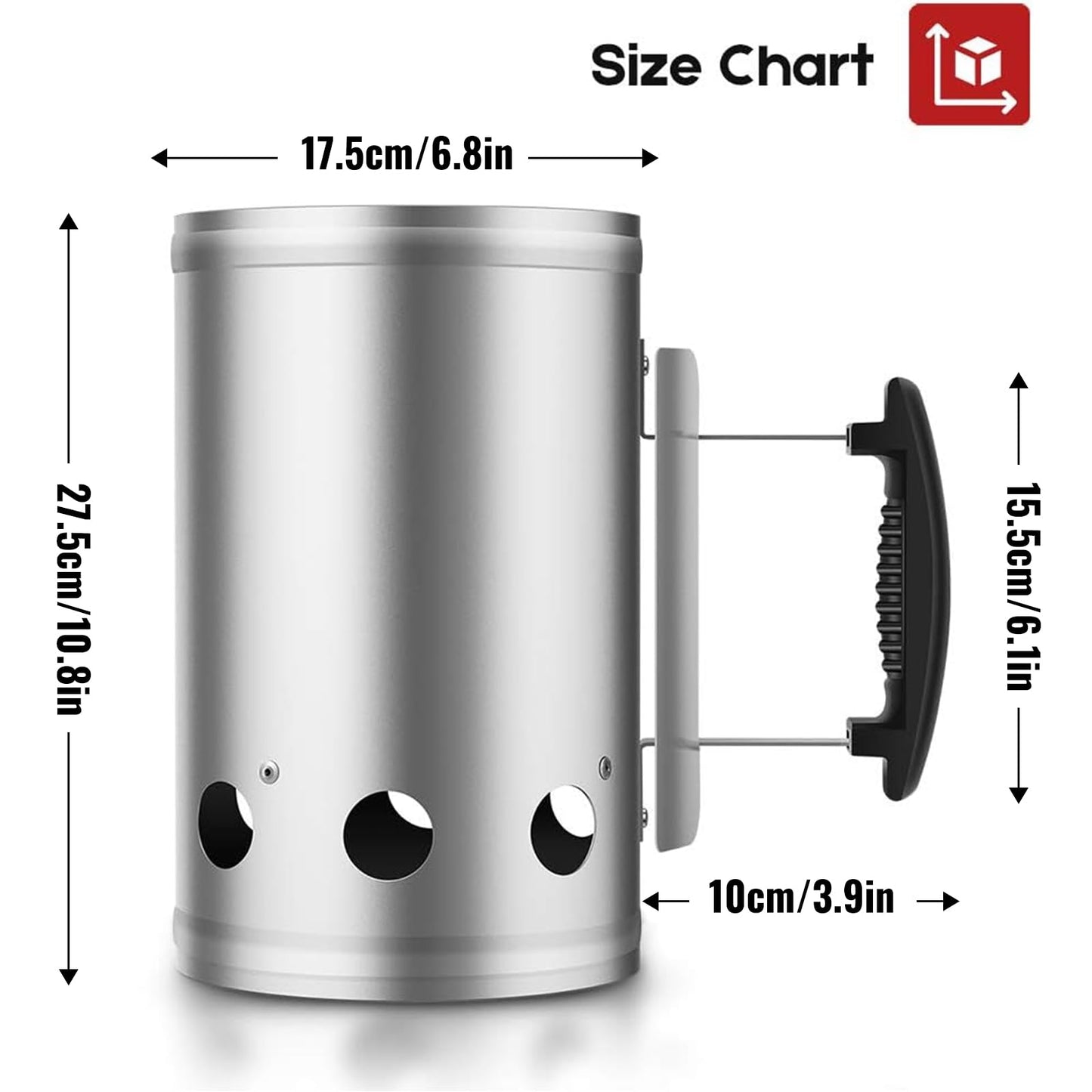 BEAU JARDIN BBQ Charcoal Chimney Starter 11"X7" Heavy Duty for Charcoal Grills Lighter Coal Fire Starter Barbecue Galvanized Steel Quick Rapid Compact Outdoor Cooking BBQ Tools Accessories Silver