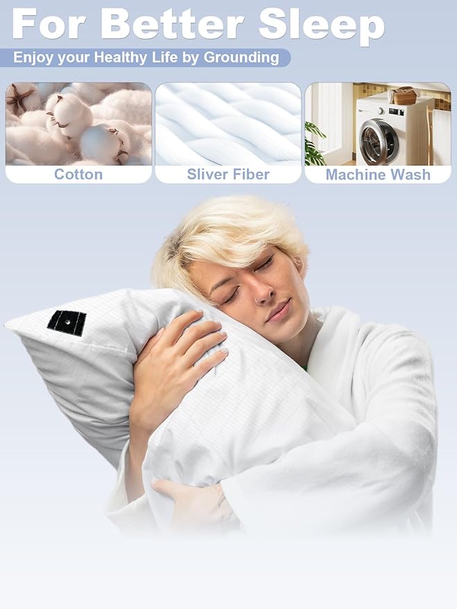 YOUBLAO Grounding Pillowcase, 90% Organic Cotton and 10% Silver Fiber Grounding Pillow Case with 15ft Grounding Cord, White Sleep Pillow 20x36 inch for Improve Sleep Improving Energy