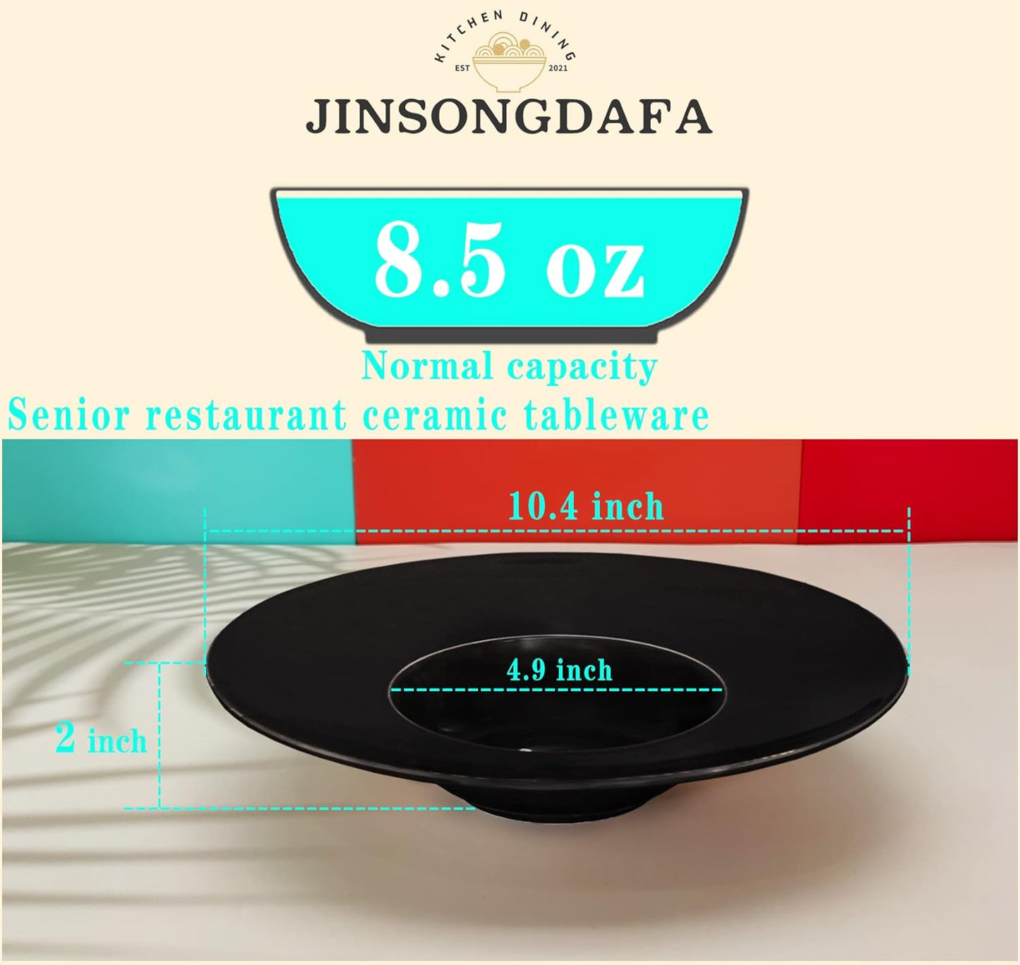 Ceramics Rimmed Soup Bowls 8.5 oz, Black 10.4 inch Exquisite small soup plate Set of 4, Pasta plates With Rim is the best choice for hotels, kitchens, fine restaurants and gourmets