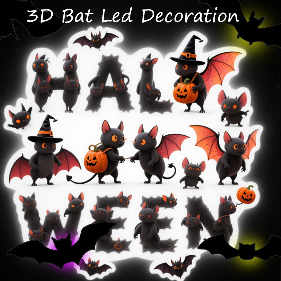 3D Bat Design LED Decoration, LED Halloween 3D Bat Decorative Wall Stickers, Light Up Bats Lighted Stickers Decor Light, Hanging Wall Luminous Glow Clings for Home Bar Halloween Party (LED-24PCS)