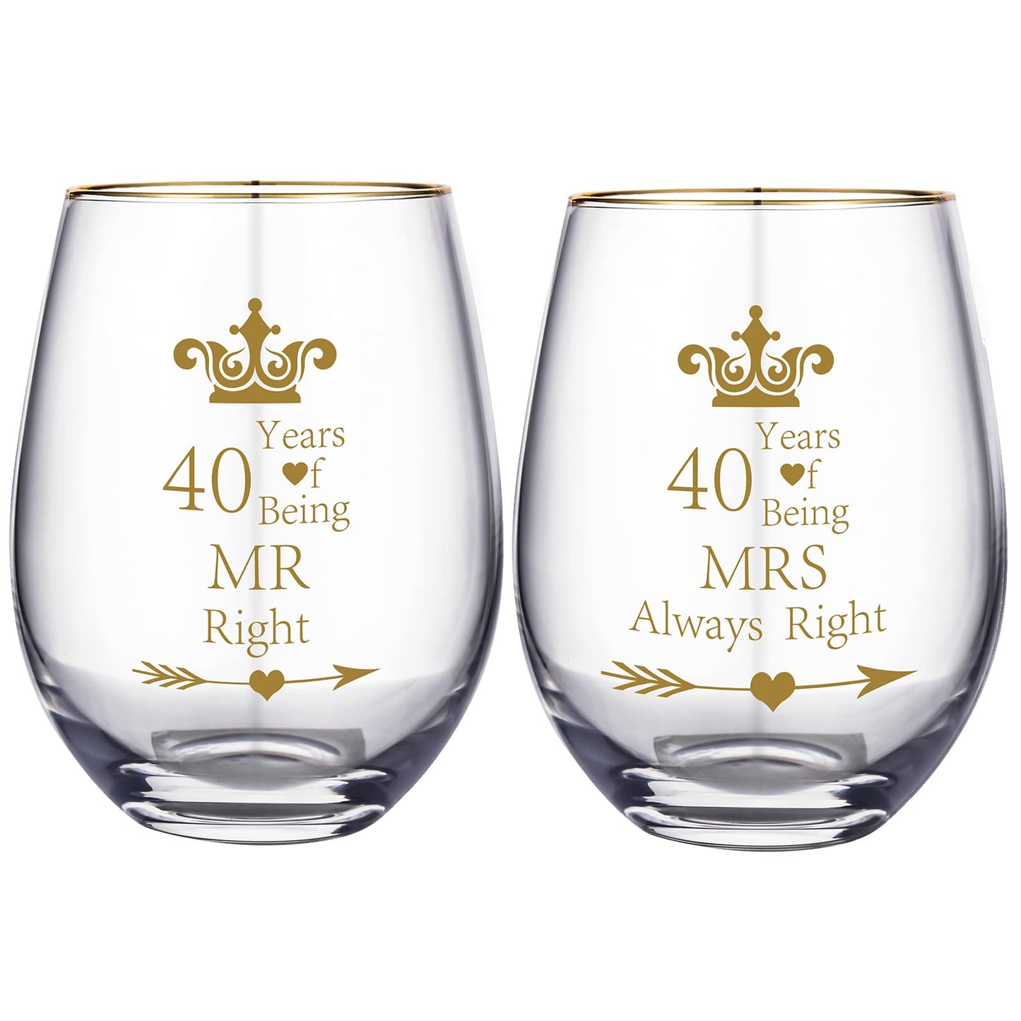 HLIKEM Pack of 2 Wine Glass Mr Right Mrs Always Right 40th Wedding Engagement Anniversary Cups for Couples Parents Tumbler 40 Years Anniversary Present Wine tumbler Cups