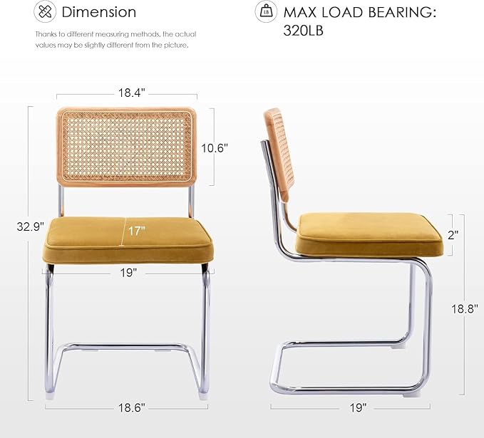 Zesthouse Mid Century Modern Dining Chairs Set of 2, Velvet Accent Chairs with Natural Cane Back & Stainless Chrome Base, Famous Breuer Designed Chairs, Upholstered Rattan Kitchen Chairs
