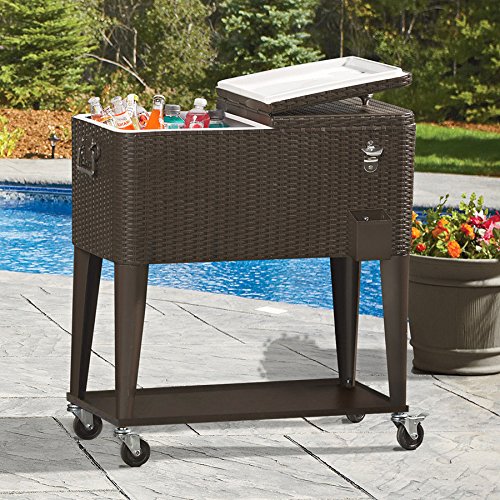 80 Quart Qt Rolling Cooler Ice Chest Cart for Outdoor Patio Deck Party, Dark Brown Wicker Faux Rattan Tub Trolley, Portabl...