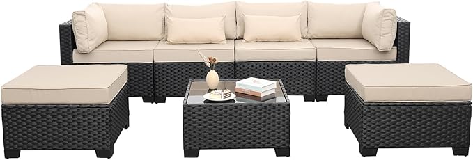 Lviden 7 Pieces Outdoor PE Wicker Furniture Set Patio Rattan Sectional Conversation Sofa Set with Khaki Cushions and Glass Top Table