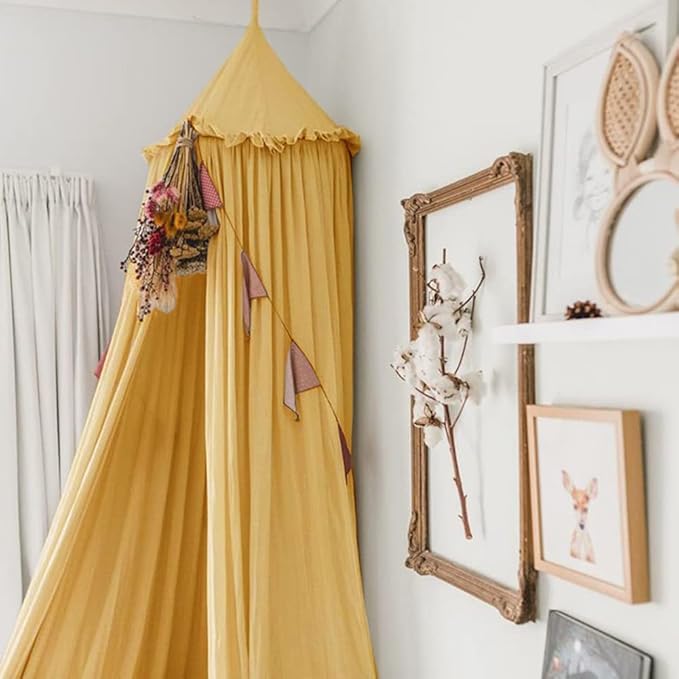 IBIZA VIBE MAMERIA Kids Bed Canopy with Frills Cotton Cover Net for Baby Crib Reading Nook Curtain Hideaway Hanging Round ...