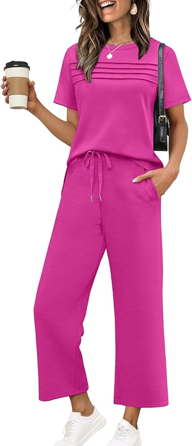 WIHOLL Two Piece Sets for Women Summer Travel Vacation Outfits Short Sleeve Lounge Sets Side Slit Wide Leg Pants S-3XL
