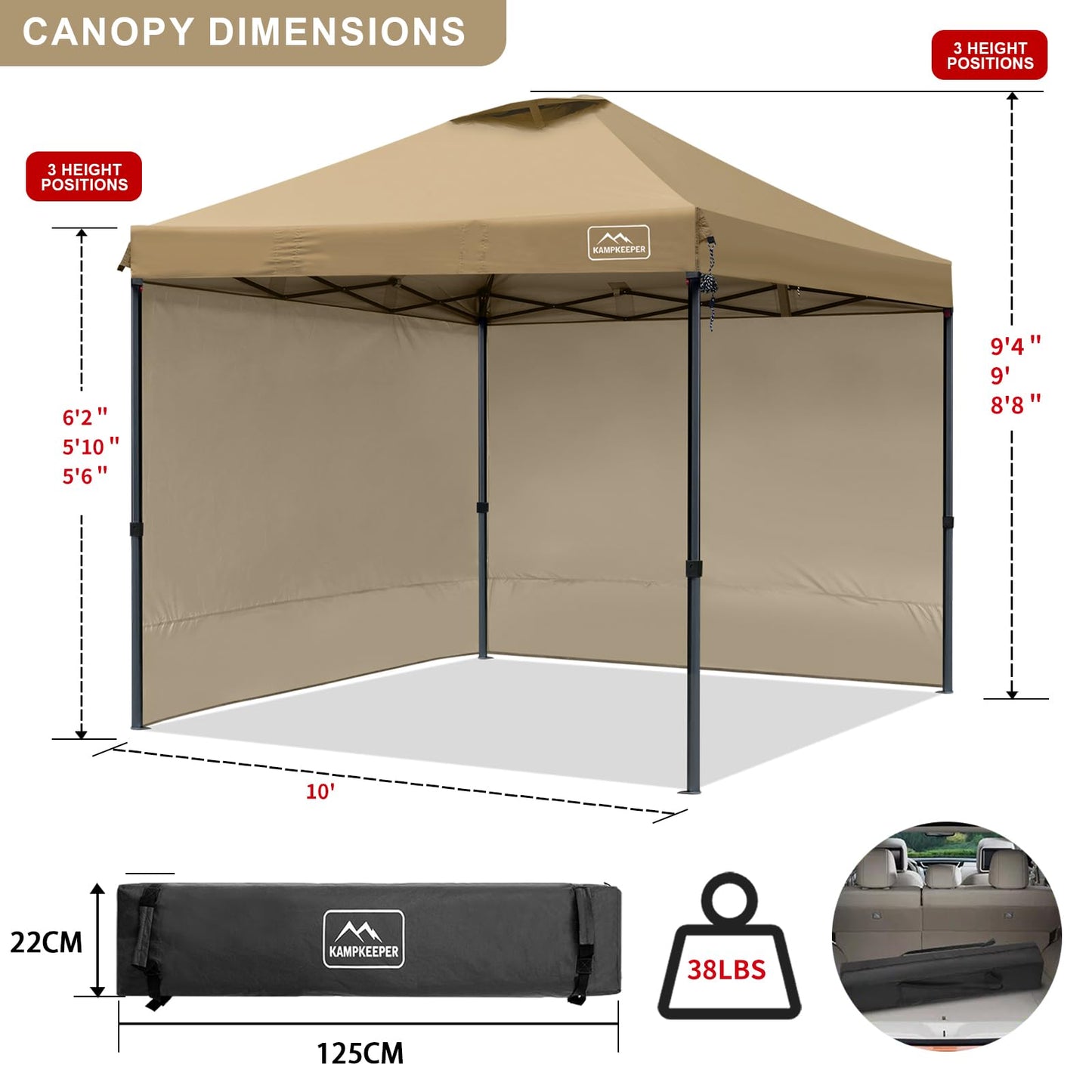 KAMPKEEPER 10x10 Pop Up Canopy Tent with 2 Sidewalls, Beach Tent - Easy Outdoor Sun Shade for Events, Parties, Camping - Gazebo with 4 Weight Bags & Carry Bag.（Khaki）