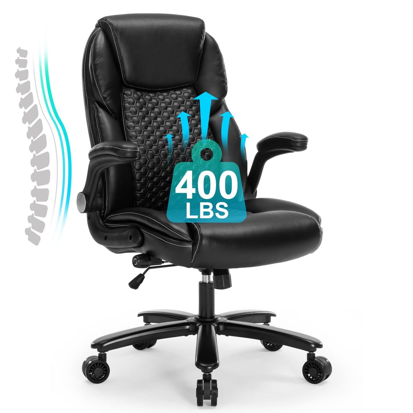 Big and Tall Ergonomic Office Chair, Executive Office Chair with Flip-up Arms, PU Leather Computer Desk Chair, Adjustable Lumbar Support Heavy Duty Space Saving Task Chair