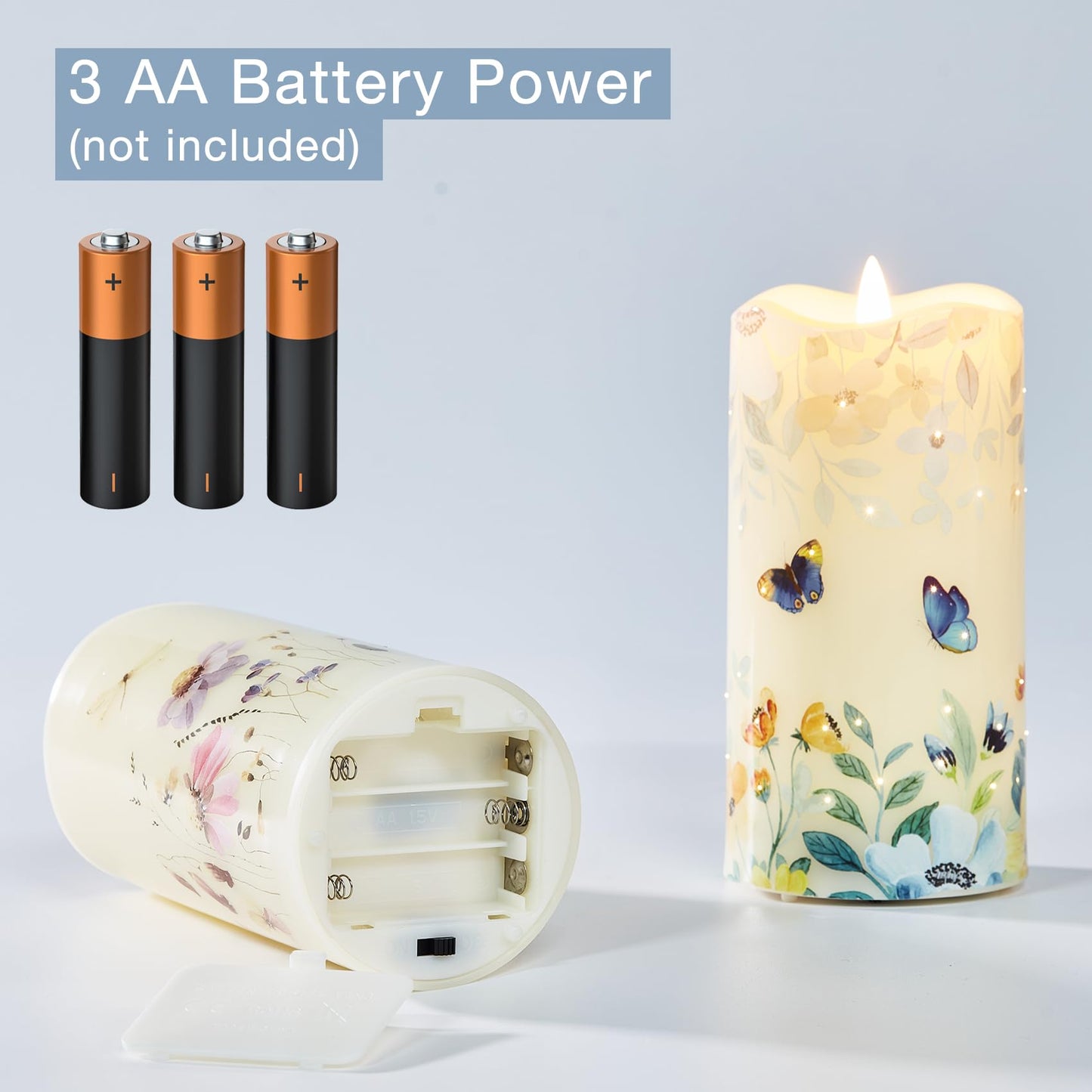 Eywamage Fiber Optic Flameless Pillar Candles with Remote Set of 3, Butterfly Floral Spring LED Candles Battery Operated Φ 3" H 6"