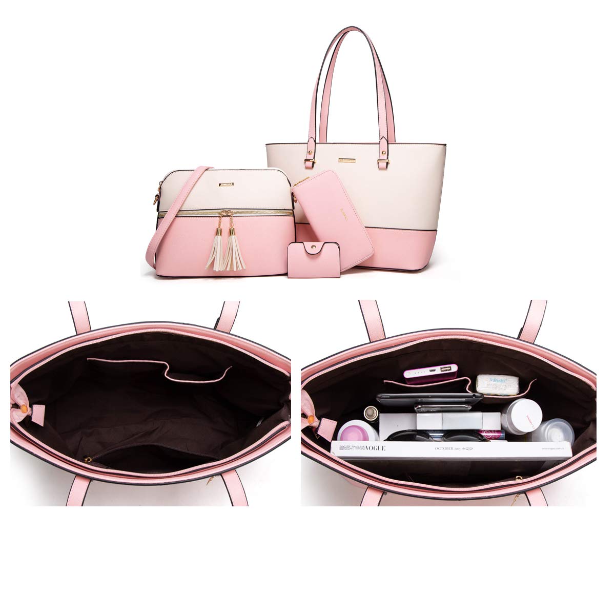 Women Fashion Synthetic Leather Handbags Tote Bag Shoulder Bag Top Handle Satchel Purse Set 4pcs