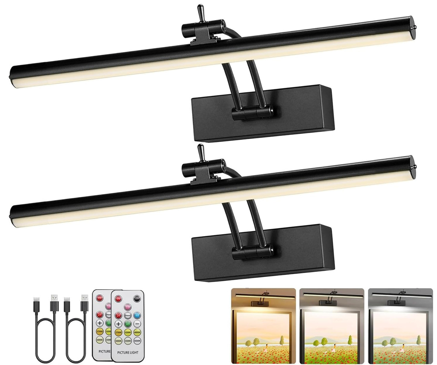 Yuichoy 2 Pack Picture Lights for Wall Battery Operated, 12 inch Wireless Art Lighting for Painting, 6 Colors Picture Frame Lights with Remote, Dimmable 4200mAh Gallery Light, Black