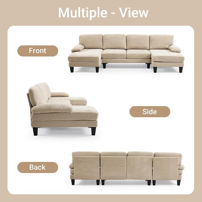 VINGLI 110" Sectional Couches for Living Room,U Shaped Couch with Double Chaise, 4-Seat Sofa Set with Chenille Fabric for Home Furniture,Light Khaki