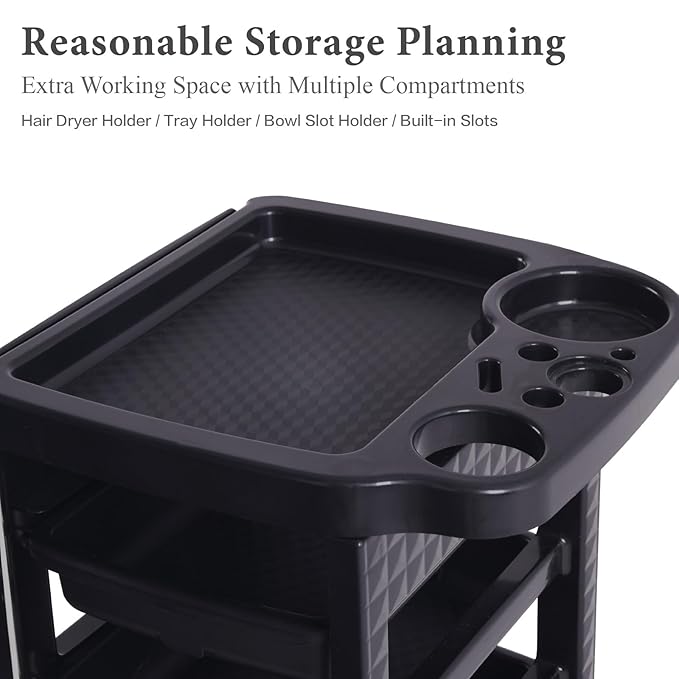 Paddie Black Salon Trolley Cart with Wheels/5 Drawers/Dryer Holder/Tint Bowl Slot for Hair Stylist, Beauty Equipment