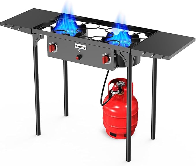 Bestfire 2 Burner Propane Camping Stove with Auto Ignition, 150,000 BTU High Power Outdoor Cooker, Portable Gas Stove with...