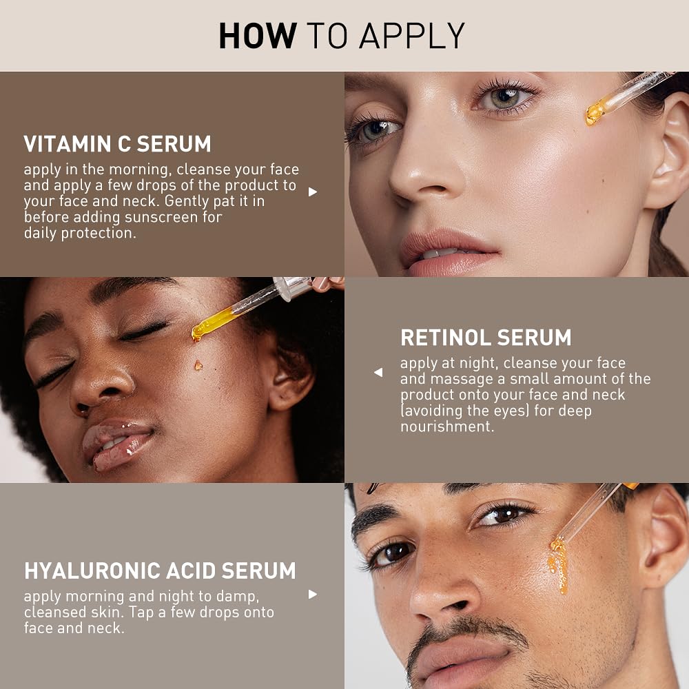 Aiwei Facial Serum Set - Includes Vitamin C, Retinol & Hyaluronic Acid - Improve Skin Texture, Glow & Hydration - Day and Night
