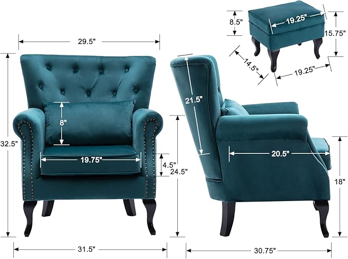 DM Furniture Mid Century Accent Chair with Ottoman Modern Button Tufted Armchair Wingback Club Chair Velvet Single Sofa Lounge Chair with Pillow for Living Room Bedroom, Teal Blue