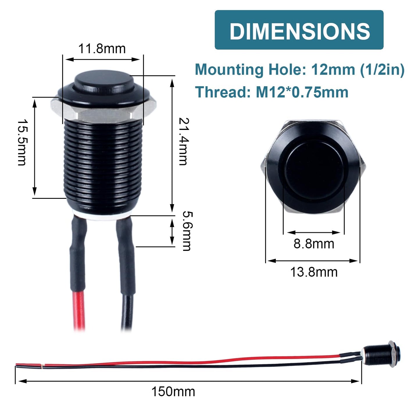 DMWD 5pcs 12mm Latching Push Button Switch Raised Head ON-Off Normally Open with Pre-soldered Cable Aluminium Alloy Shell 12V 24V 36V 110V Waterproof IP66 Without LED (Black)