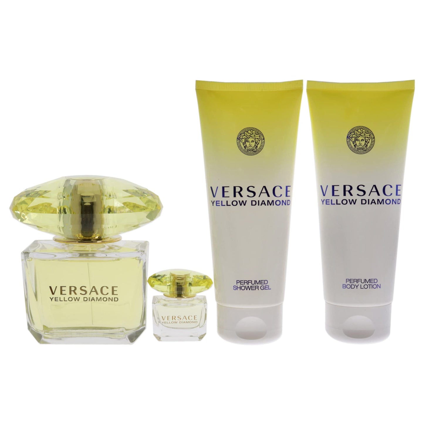 Versace Versace Yellow Diamond 3oz EDT Spray, 3.4oz Shower Gel, 3.4oz Body Lotion, 5ml EDT Rollerball Mini Women 4 Pc Gift Set