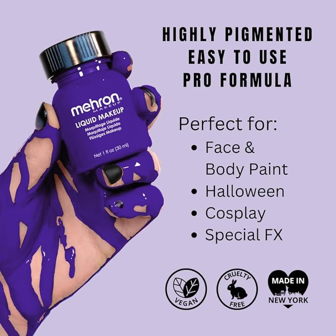 Mehron Makeup Liquid Makeup | Face Paint and Body Paint Perfect for Halloween, Cosplay I Air Brush Compatible Body Paint (1 oz) (PURPLE)