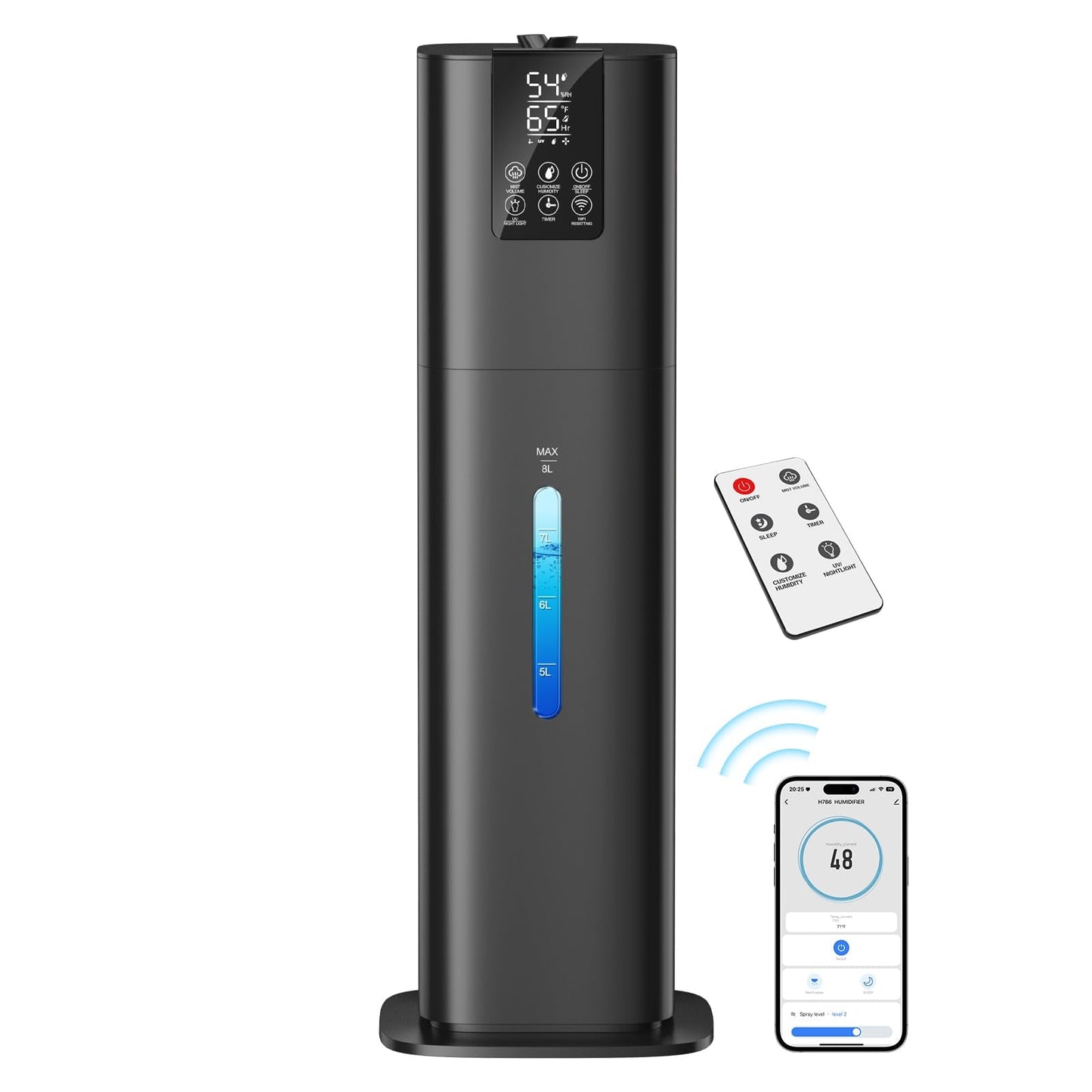 Honovos Smart Humidifier 2.11Gal, Black, Quiet Top Fill Cool Mist, Remote Control, Model JXLR-786, Ideal for Large Rooms and Offices
