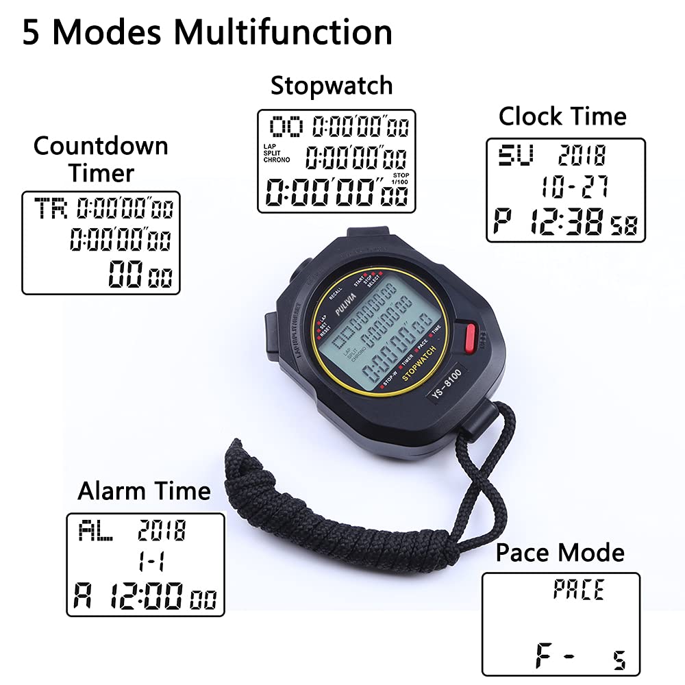 PULIVIA Sports Stopwatch Timer 100 Lap Split Memory Digital Stop Watch, Countdown Timer Pace Mode 12/24 Hour Clock Calendar with Alarm, 3 Rows Display Large Screen Water Resistant Battery Included