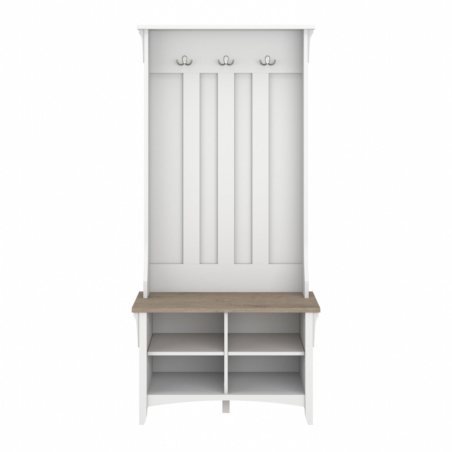 Bush Furniture Salinas Hall Tree with Shoe Storage Bench in Shiplap Gray and Pure White, Multi-Purpose Home Organizer, Entryway Solution with Seating and Hooks