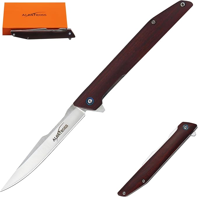 ALBATROSS Premium Folding Pocket Knife - EDC with D2 Steel Blade 3.5", Yellow Sandalwood Handle, Ball Bearing Assisted Ope...