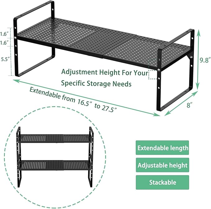 Redrubbit Expandable Cabinet Storage Shelf, Adjustable Height Steel Metal Kitchen Counter Organizers Shelves Spice Rack for Kitchen Pantry Bathroom Cupboard Desk Home Office, Black-1 Pack