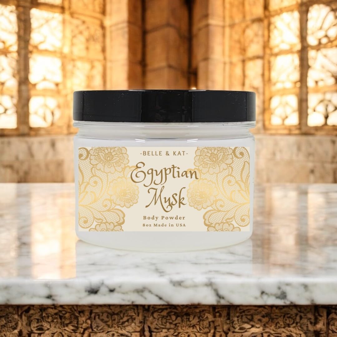 Egyptian Musk Scented Body Powder for Men & Women, Bath Perfume Dusting Powder with Fragrance & Essential Oils, Talc Free 8oz Container, Made in USA