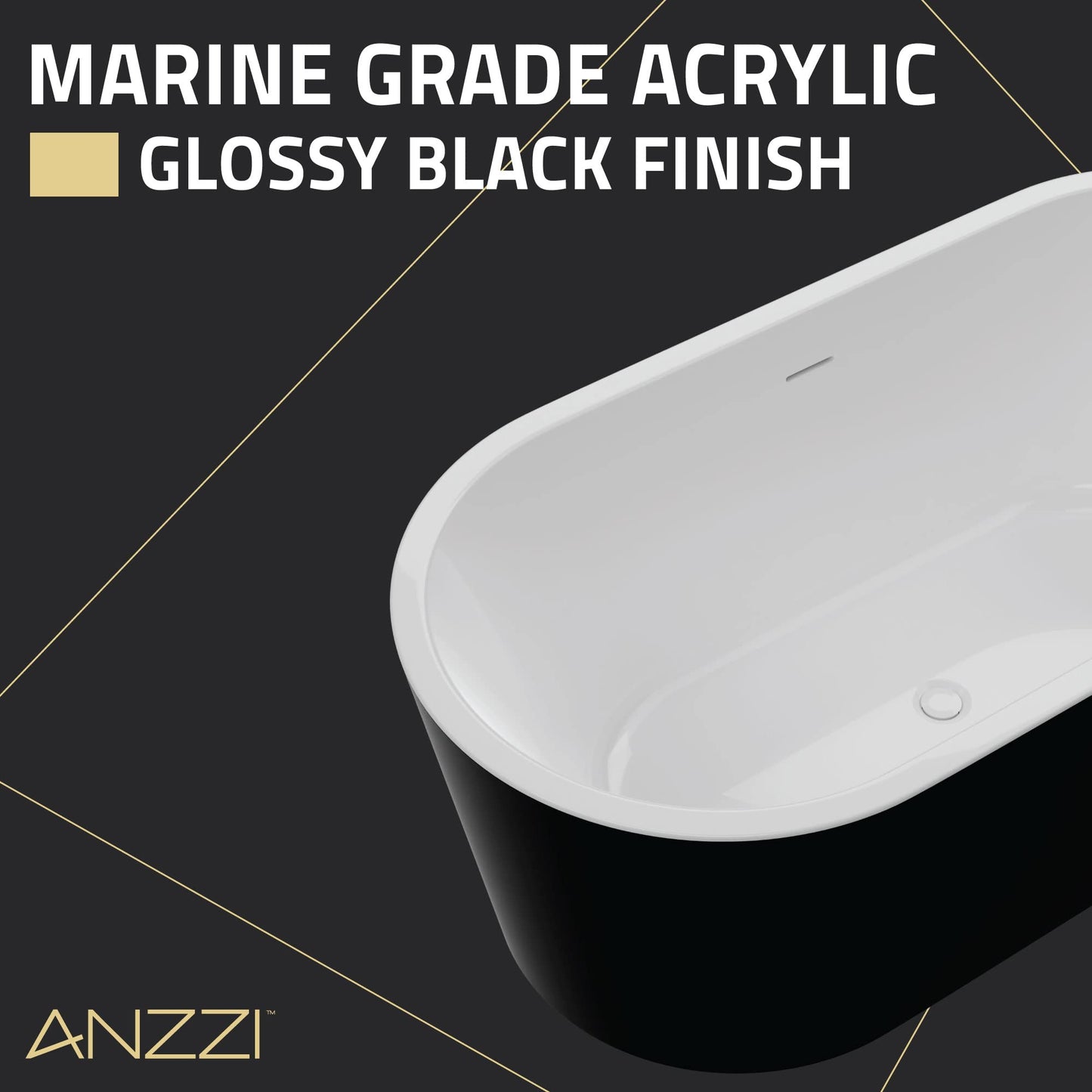 ANZZI Chand Series 67 in. x 32 in. Flat Bottom Acrylic Freestanding Soaking Bathtub with Overflow and Center Drain in Glossy Black