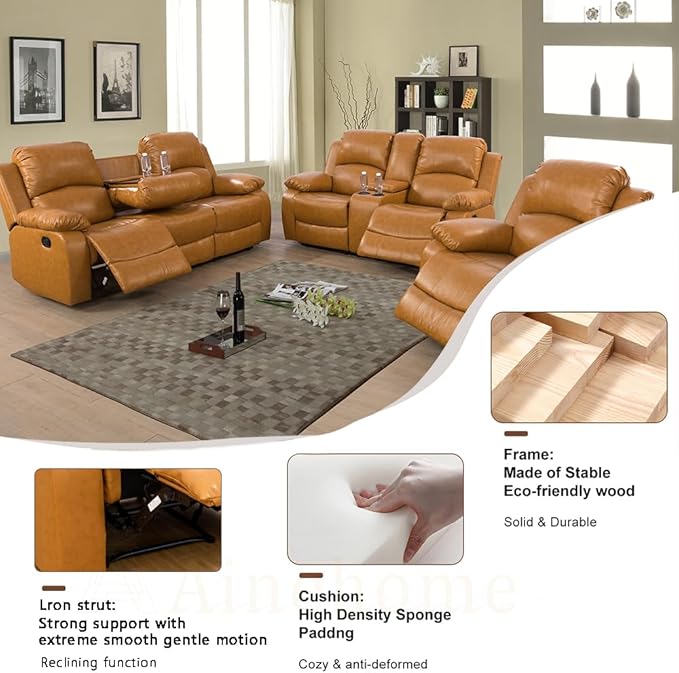 A Ainehome 3 Pieces Living Room Furniture Sets, Manual Leather Recliner Sofa Set with Storage, Reclining Couch Loveseat Chair Furniture Sofa Set for Living Room/Rv/House/Office