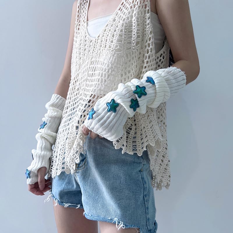 POHADON Women's Y2k Knit Arm Warmers Long Fingerless Mitten Thumb Hole Cute Star Gloves Japanese Harajuku Accessories (One Size,White)