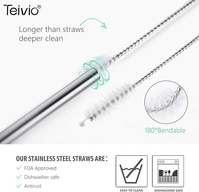 Teivio 8 Piece 5/16 inch (8mm) Wide Stainless Steel Straws for 40 oz Tumbler with Handle, 12 Inch Long Reusable Metal Drinking Straws, Replacement Straws with Silicone Tips & Cleaning Brush, Silver